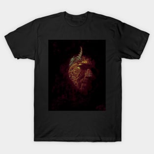 Portrait, digital collage and special processing. Devil face, side. Horn and lava texture. Dim, violet spots, gold. T-Shirt